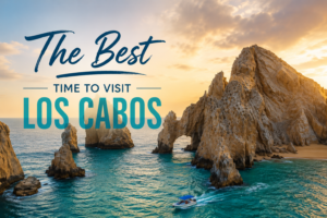 Aerial view of a Los Cabos beach during shoulder season showing clear skies and calm waters, the best time to visit Los Cabos