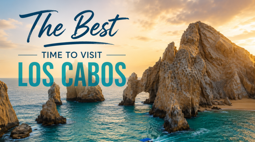 Aerial view of a Los Cabos beach during shoulder season showing clear skies and calm waters, the best time to visit Los Cabos