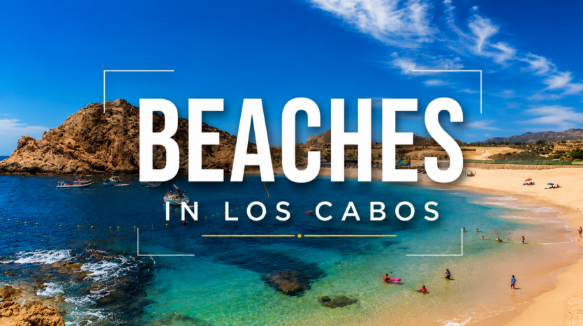 Aerial view of a public beach in Los Cabos with cliffside residences, showing that all beaches in Los Cabos are public under Mexican law