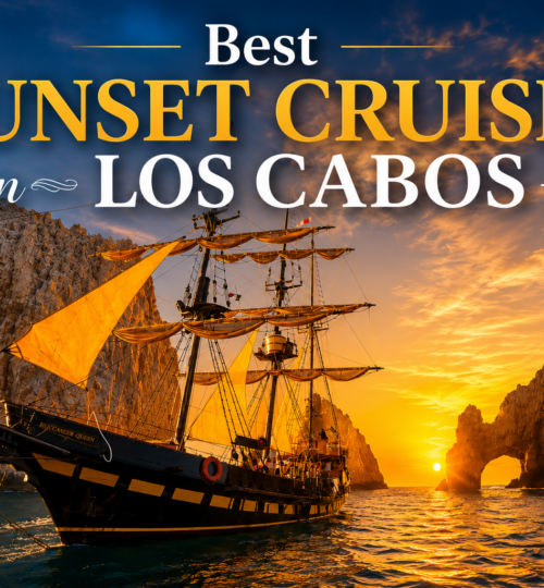 Buccaneer Queen tall ship sailing past El Arco during the best sunset cruises in Los Cabos