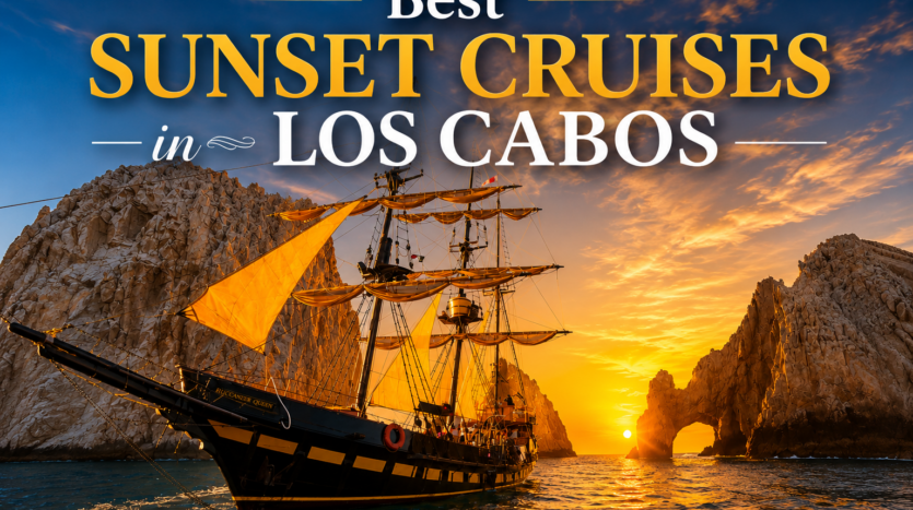 Buccaneer Queen tall ship sailing past El Arco during the best sunset cruises in Los Cabos