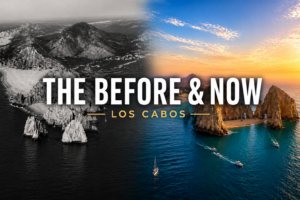 Split image showing this is how Los Cabos looked before and now, with a vintage black and white aerial of Land's End beside a modern sunset view of El Arco