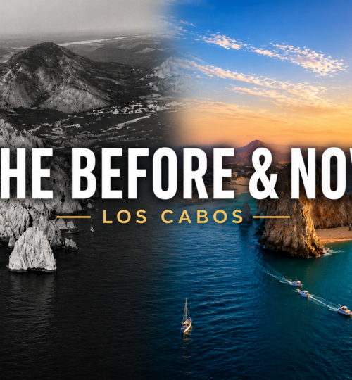 Split image showing this is how Los Cabos looked before and now, with a vintage black and white aerial of Land's End beside a modern sunset view of El Arco