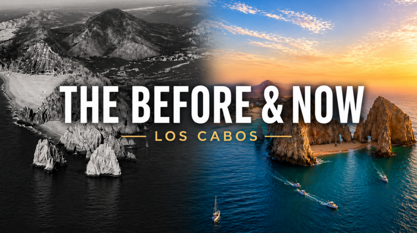 Split image showing this is how Los Cabos looked before and now, with a vintage black and white aerial of Land's End beside a modern sunset view of El Arco