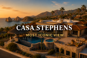 Aerial view of Casa Stephens in Misiones del Cabo showing the direct unobstructed view through the Arch at Land's End, Cabo's most iconic view