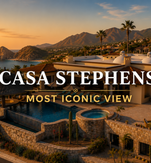 Aerial view of Casa Stephens in Misiones del Cabo showing the direct unobstructed view through the Arch at Land's End, Cabo's most iconic view