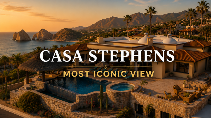 Aerial view of Casa Stephens in Misiones del Cabo showing the direct unobstructed view through the Arch at Land's End, Cabo's most iconic view
