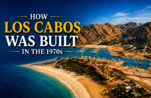 Líneas Aéreas de Cortés DC-3 aircraft on a Baja airstrip in the 1950s, showing how Los Cabos was built in the 1970s through early air connections
