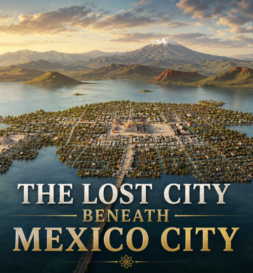 Historical reconstruction of Tenochtitlan, the lost city beneath Mexico City, showing the island capital and its causeways over Lake Texcoco