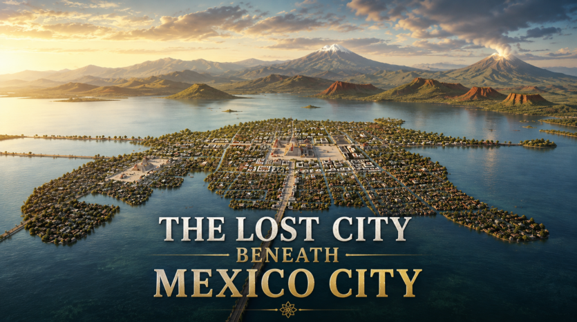Historical reconstruction of Tenochtitlan, the lost city beneath Mexico City, showing the island capital and its causeways over Lake Texcoco