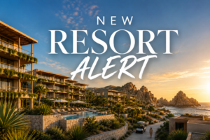 Cliffside aerial view of Quivira Los Cabos golf course overlooking the Pacific Ocean, setting of the new St. Regis Quivira Cabo luxury resort