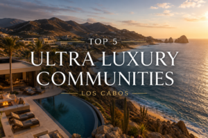 Aerial view of ultra luxury communities in Los Cabos including El Dorado, Chileno Bay, and Twin Dolphin along the corridor coastline of Baja California Sur