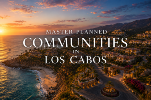 Aerial view of master planned communities in Los Cabos including Querencia, Quivira, and Palmilla along the Corridor and Pacific coastline of Baja California Sur