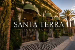Restored historic brick buildings and open air garden at Santa Terra Todos Santos showing the cultural oasis blend of Oystera restaurant, Vino Park, and sugar era museum
