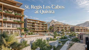 Aerial view of St. Regis Los Cabos Quivira on the Pacific cliffside of Cabo San Lucas showing infinity pools, beachfront villas, and the Jack Nicklaus Quivira Golf Club