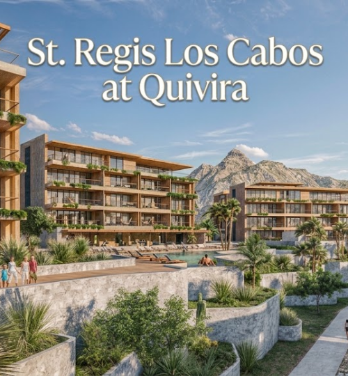 Aerial view of St. Regis Los Cabos Quivira on the Pacific cliffside of Cabo San Lucas showing infinity pools, beachfront villas, and the Jack Nicklaus Quivira Golf Club