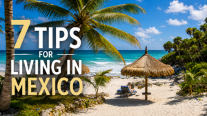Expat couple enjoying the Baja California Sur lifestyle on a sunny terrace in Los Cabos, representing real tips for living in Mexico as a foreign resident
