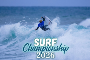 Surfer riding the mechanical left pointbreak at Playa Monumentos during the BCS State Surf Championship 2026 in Los Cabos Baja California Sur