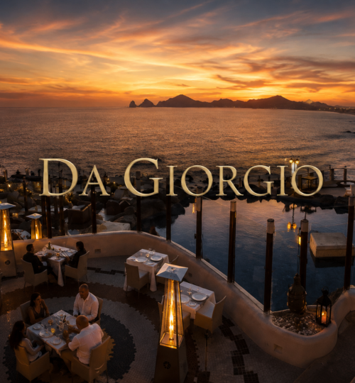 Cliffside terrace of Da Giorgio Cabo in Misiones del Cabo overlooking Land's End at sunset, the legendary Italian restaurant founded by Giorgio Battaglia and Cristina Bremer Rodríguez in 1991