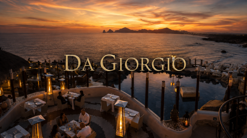 Cliffside terrace of Da Giorgio Cabo in Misiones del Cabo overlooking Land's End at sunset, the legendary Italian restaurant founded by Giorgio Battaglia and Cristina Bremer Rodríguez in 1991