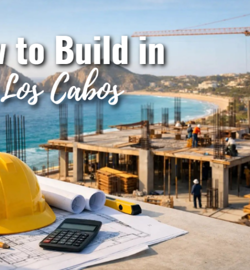 Custom luxury home under construction in Los Cabos showing concrete block walls and ocean view lot representing the risks and process of deciding to build in Los Cabos