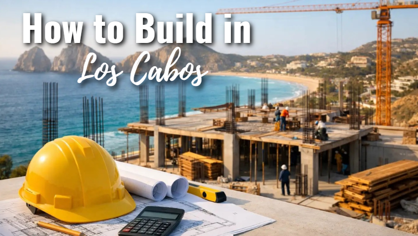 Custom luxury home under construction in Los Cabos showing concrete block walls and ocean view lot representing the risks and process of deciding to build in Los Cabos