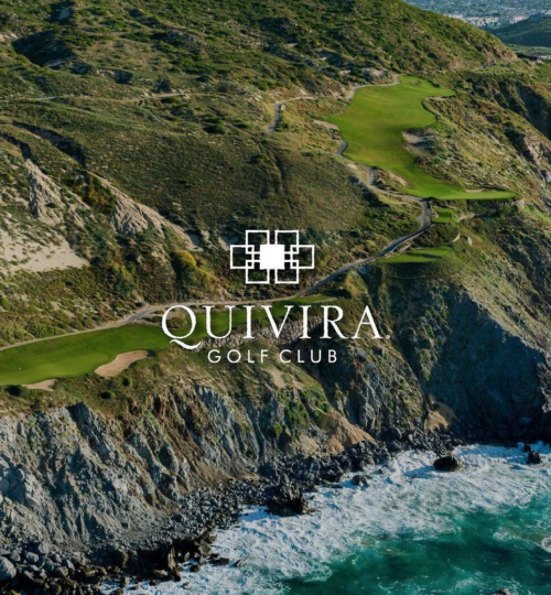 Aerial view of Quivira Los Cabos showing the Jack Nicklaus cliffside golf course fairways and Pacific Ocean coastline at Land's End in Cabo San Lucas
