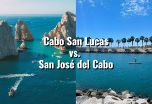 Split view of the Cabo San Lucas marina and the San José del Cabo colonial plaza representing the two distinct personalities behind the question of Cabo San Lucas or San José del Cabo