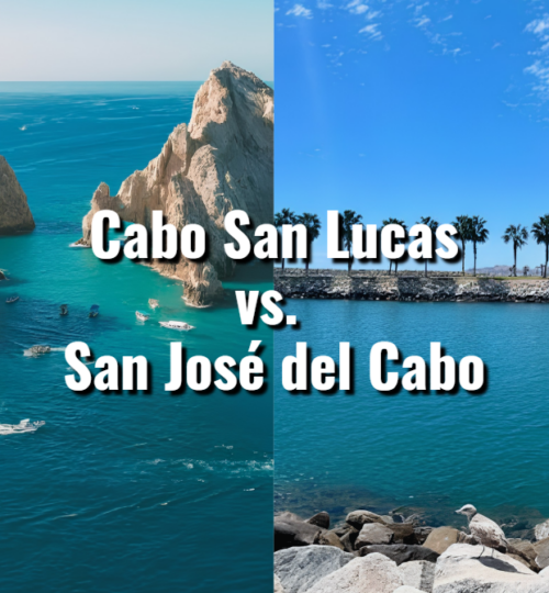 Split view of the Cabo San Lucas marina and the San José del Cabo colonial plaza representing the two distinct personalities behind the question of Cabo San Lucas or San José del Cabo
