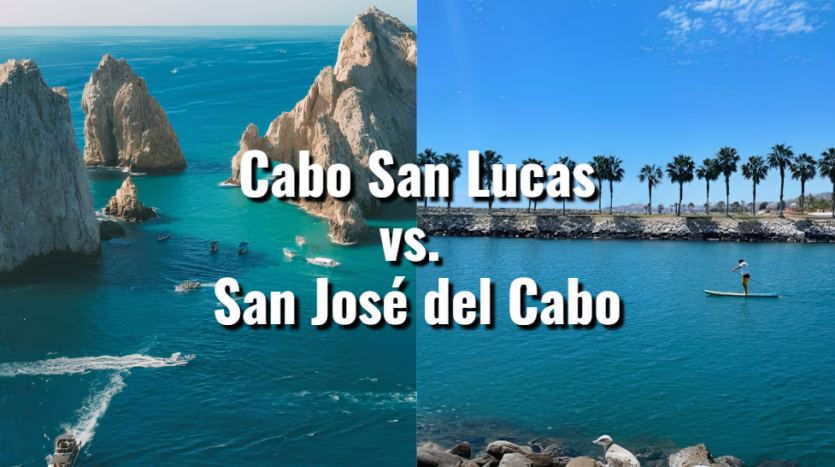 Split view of the Cabo San Lucas marina and the San José del Cabo colonial plaza representing the two distinct personalities behind the question of Cabo San Lucas or San José del Cabo